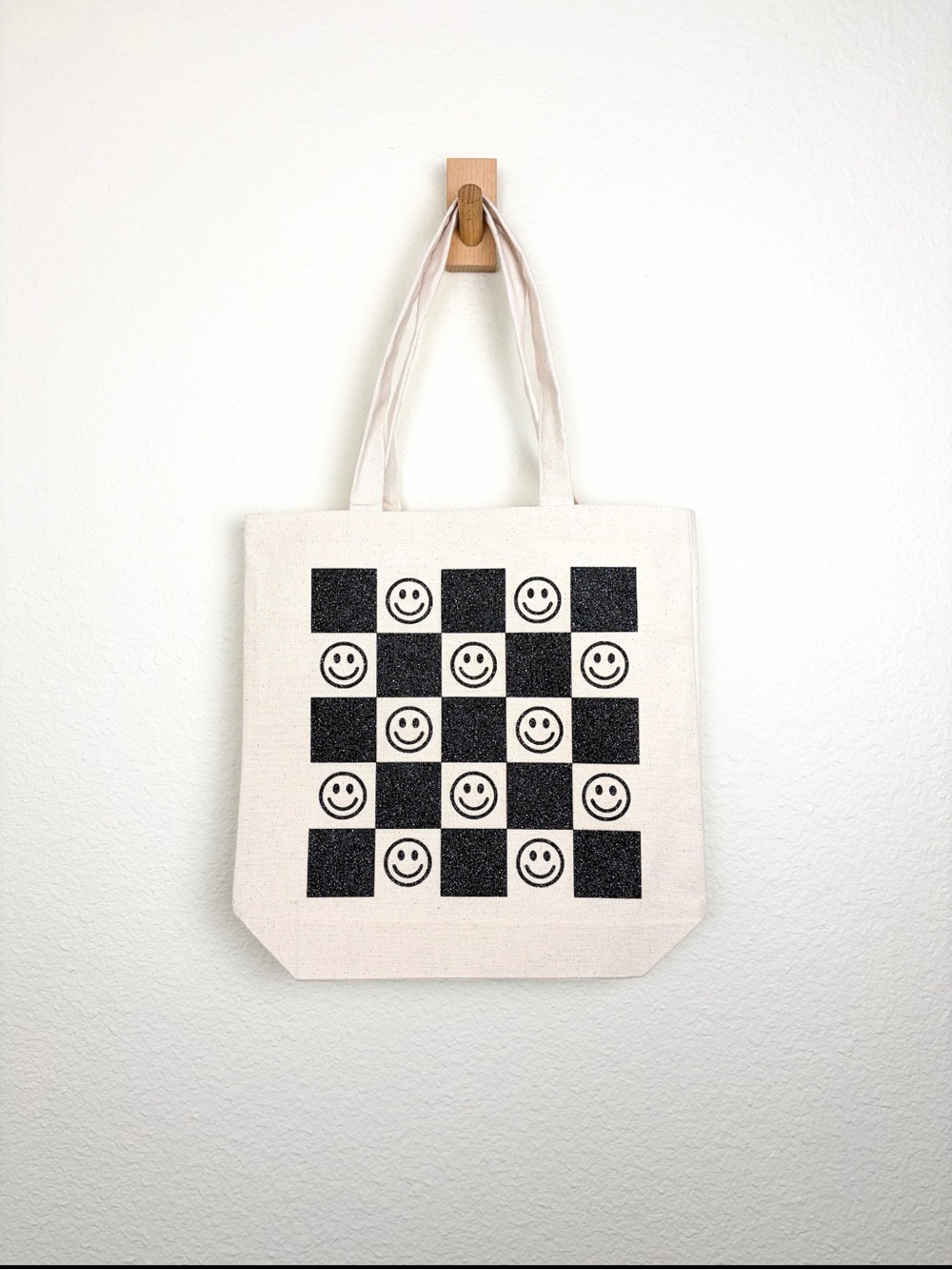 Handmade Sparkly Black Smiley Face Checkered Tote Bag
